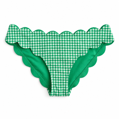 Green and white gingham bikini bottom with scalloped edges, shown flat on a white background.