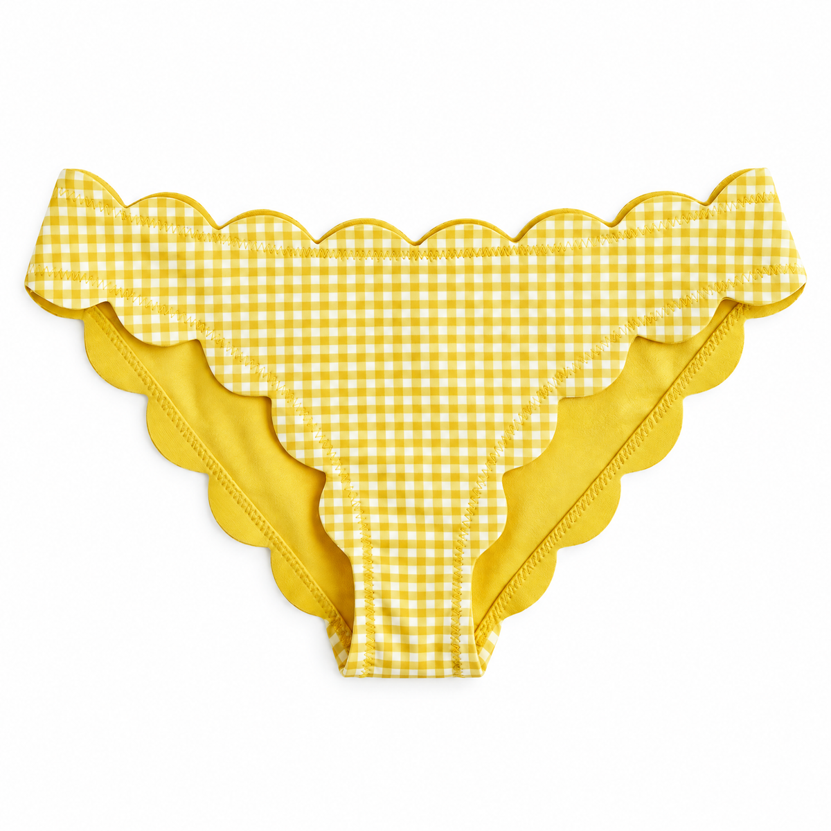 Yellow and white gingham bikini bottom with a scalloped waistband and leg openings, shown flat against a white background.