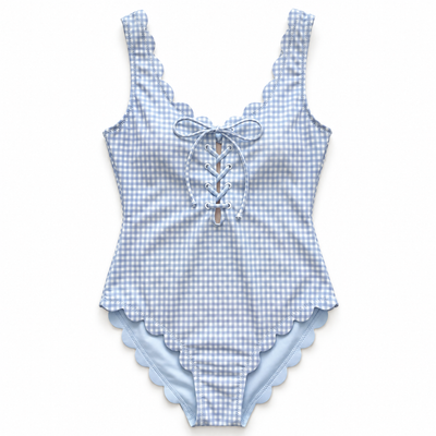 A light blue and white gingham one-piece swimsuit with scalloped edges, featuring a lace-up front detail, shown flat against a white background.