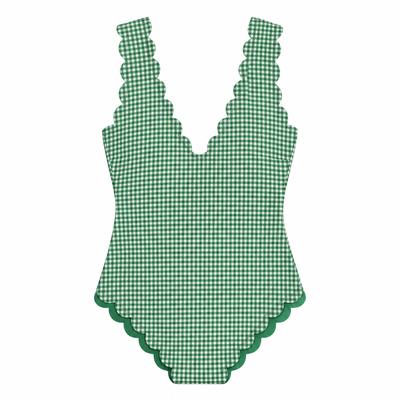 Green and white gingham one-piece swimsuit with ruffled shoulder straps and a scalloped leg opening, shown flat on a white background.