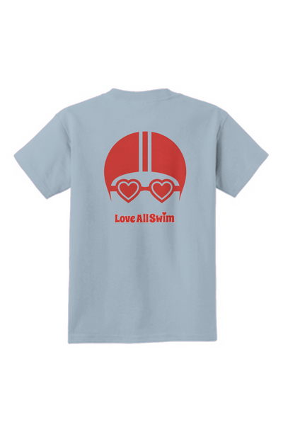 Light blue t-shirt with red graphic and 'Love All Swim' text on a white background