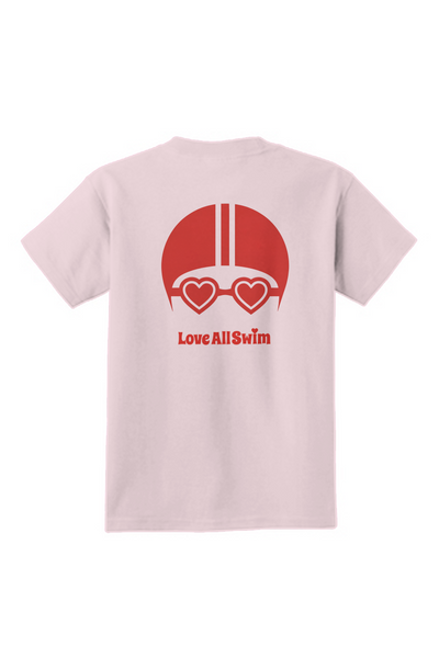 Light pink t-shirt with a red and white graphic and text on the back against a white background