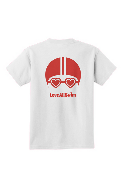 White t-shirt with red graphic design on a white background