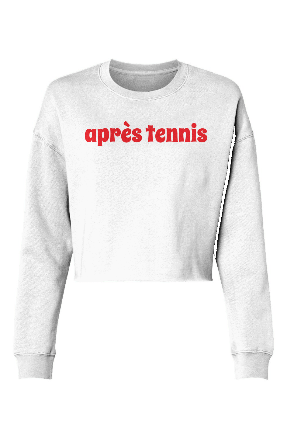 White sweatshirt with red text 'apres tennis' on a white background