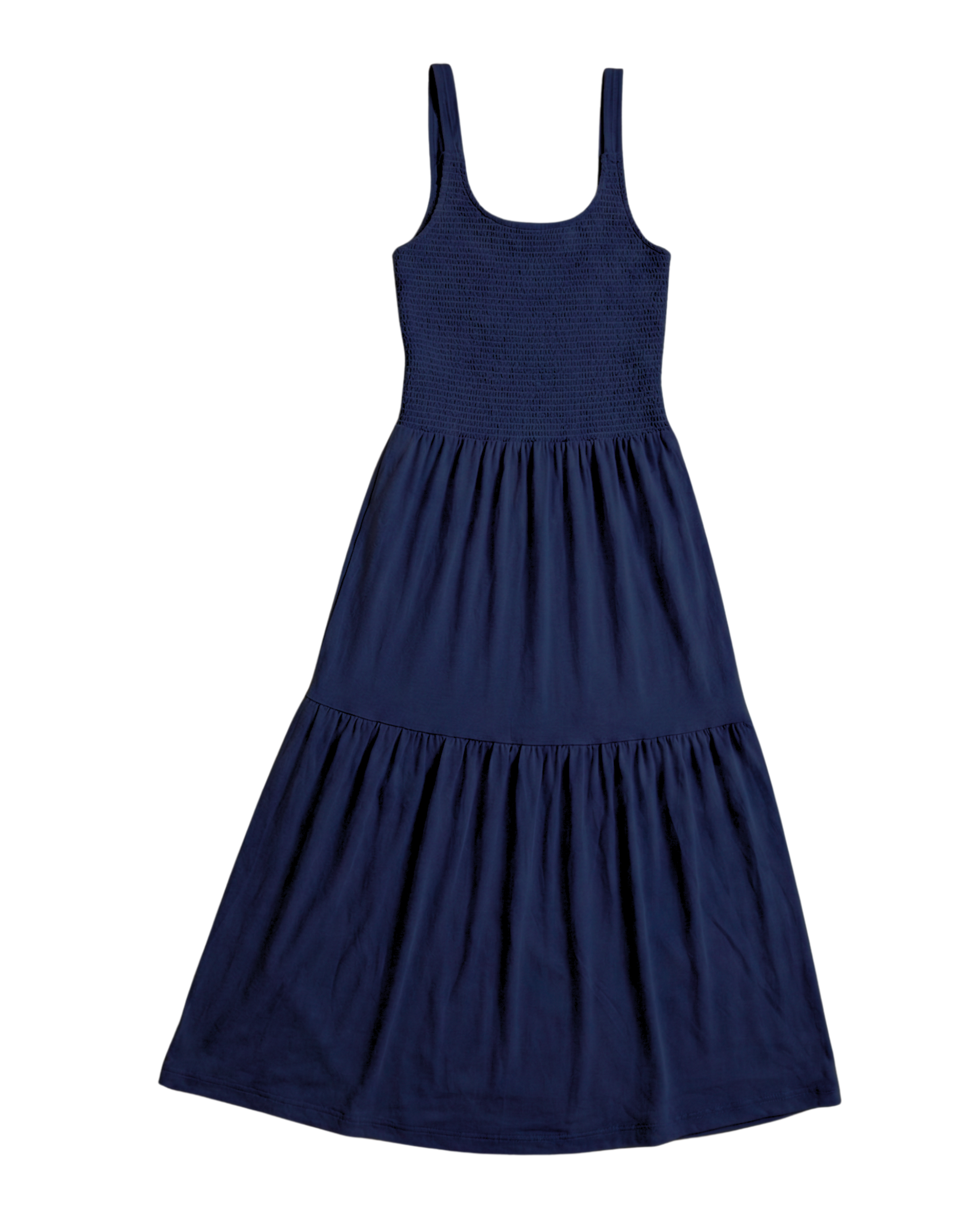Navy blue dress with a tiered skirt on a white background