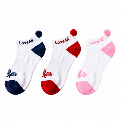 Three pairs of socks with 'LoveAll' branding on a white background