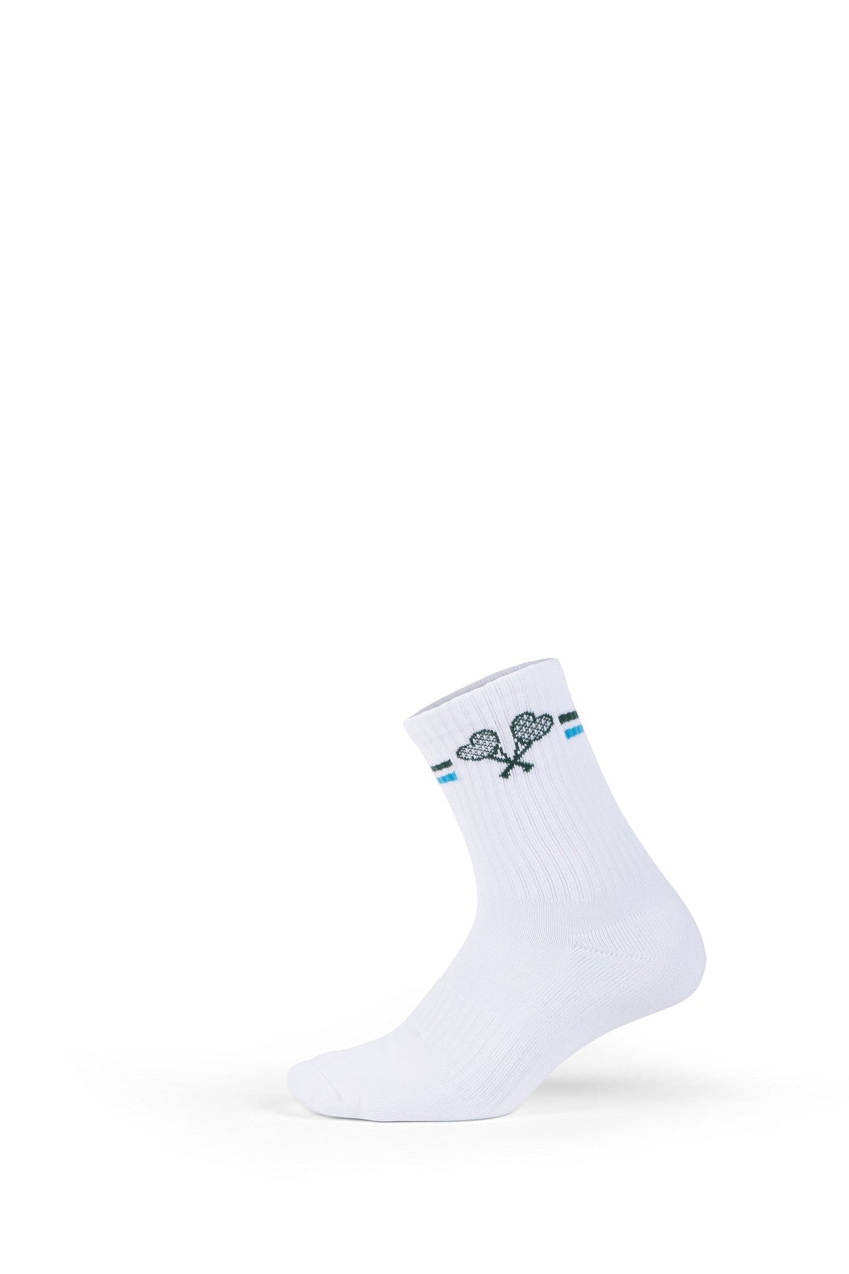 White sock with a tennis racket design on a white background