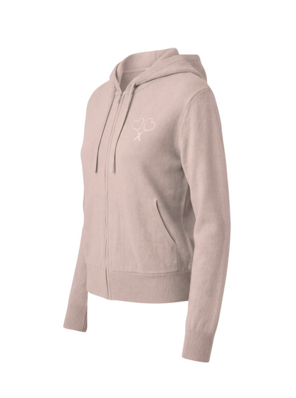 Blush hoodie with a logo on a white background