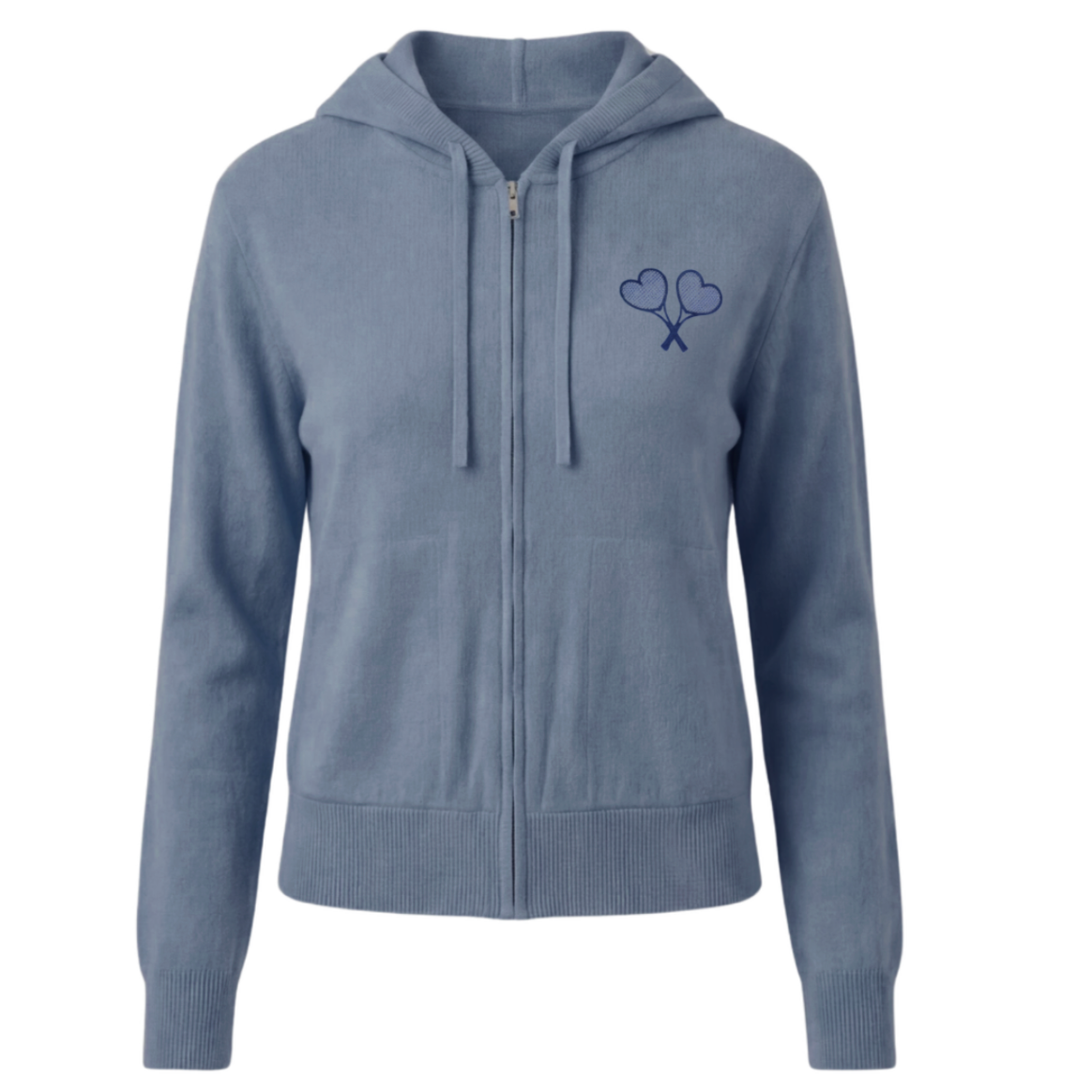 Blue hoodie with a logo on the chest against a white background