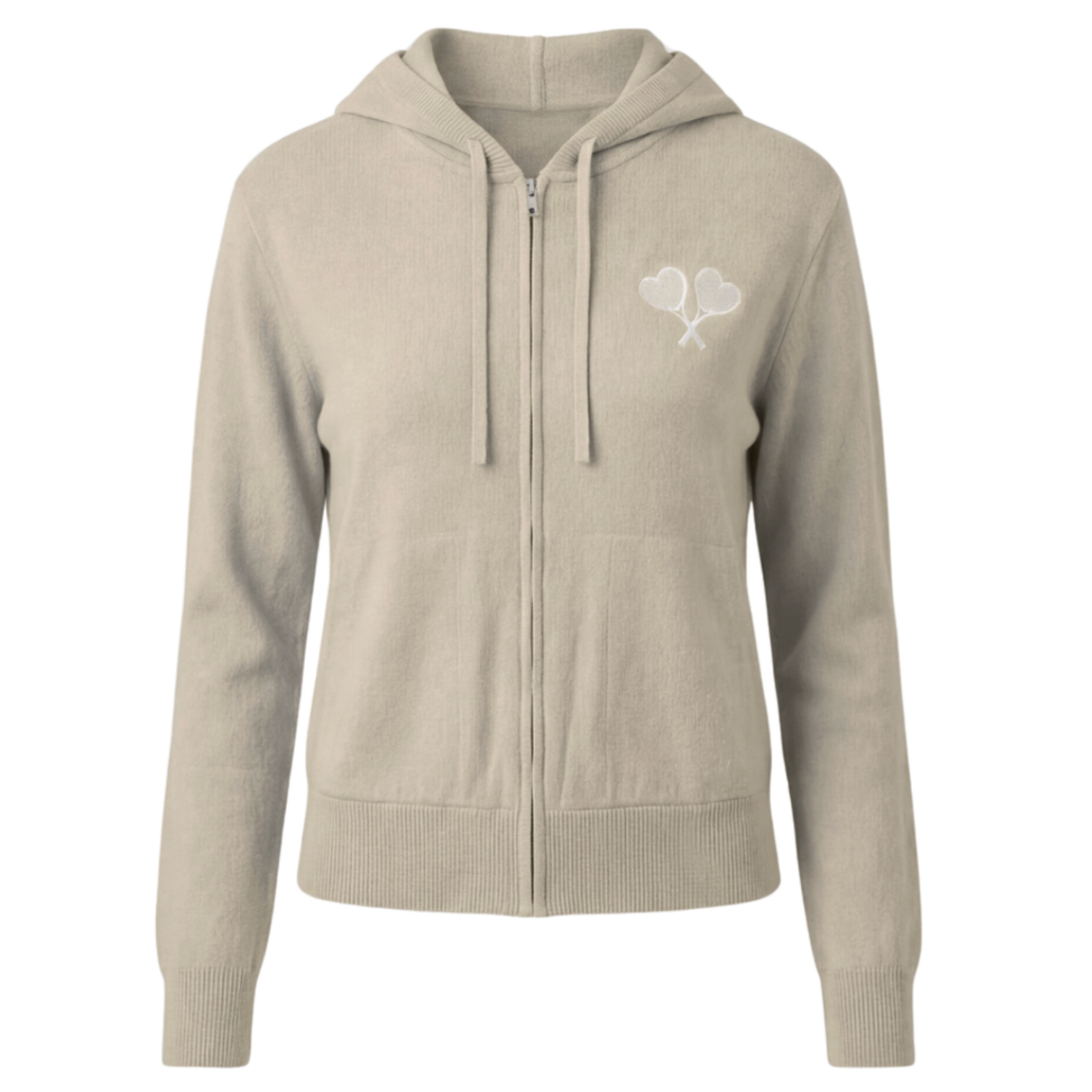 Beige hoodie with a logo on the chest against a white background