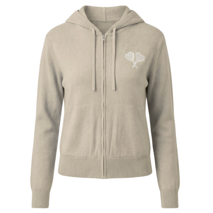 Beige hoodie with a logo on the chest against a white background