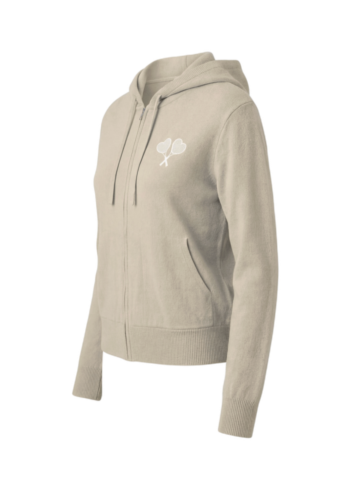 Beige hoodie with a logo on the chest against a white background