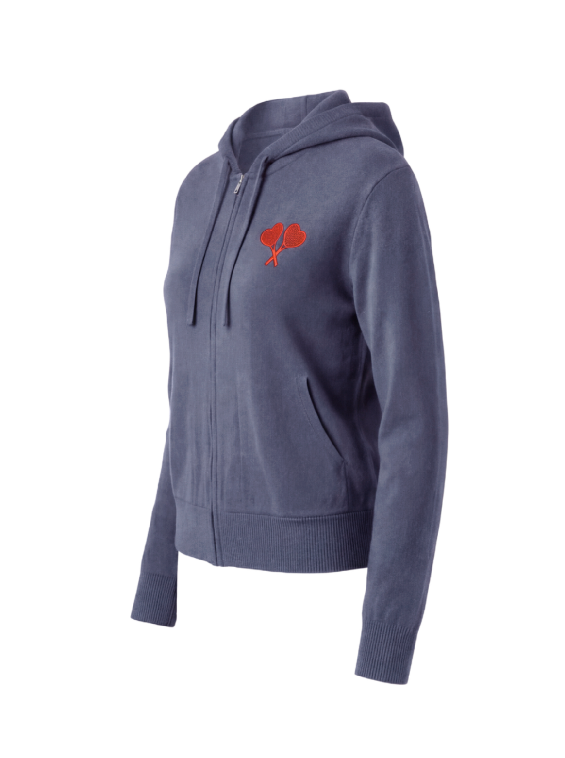 Blue hoodie with a red logo on a white background