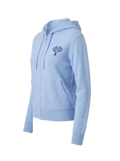 Light blue hoodie with a logo on the chest against a white background