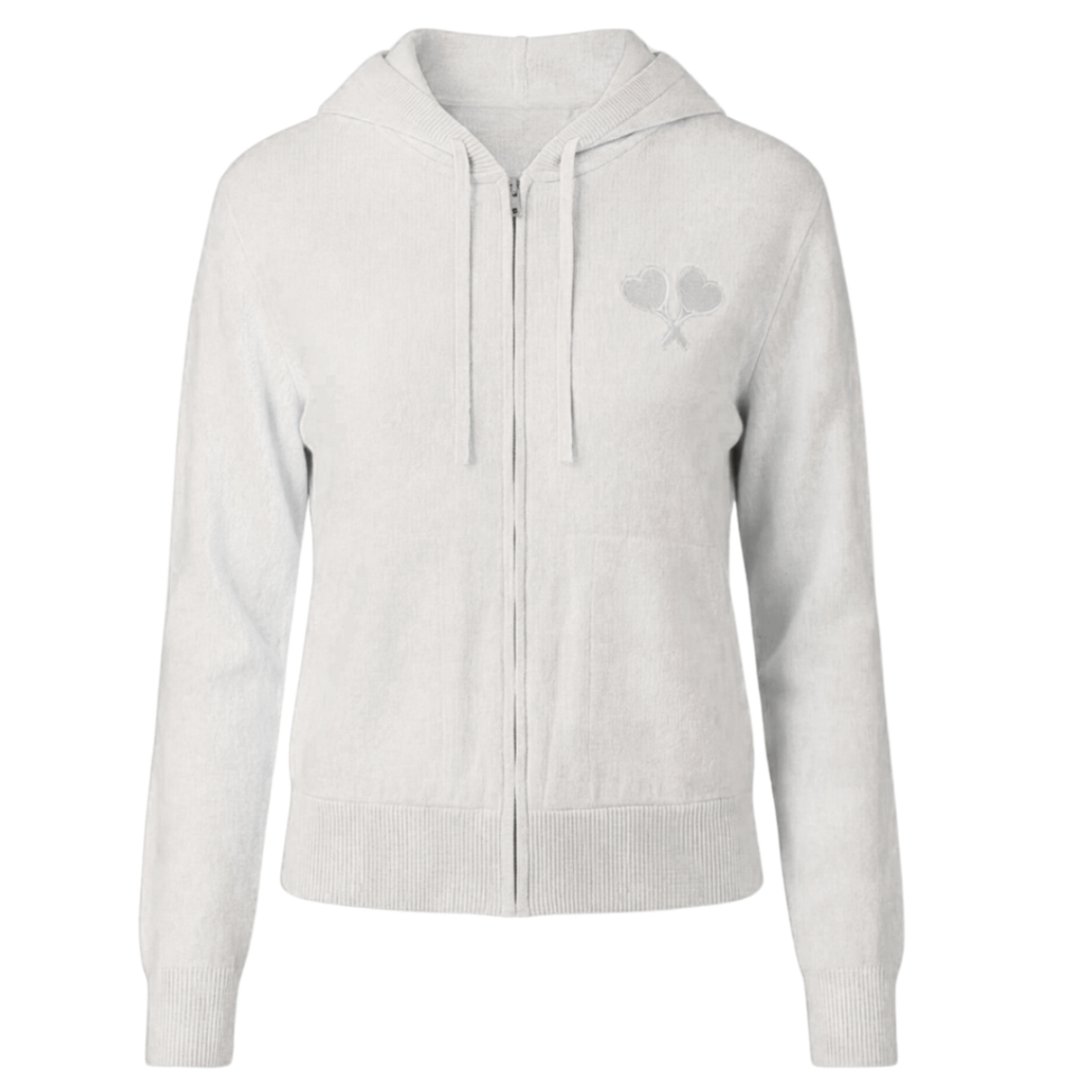 Light gray zip-up hoodie with a small design on the chest against a white background