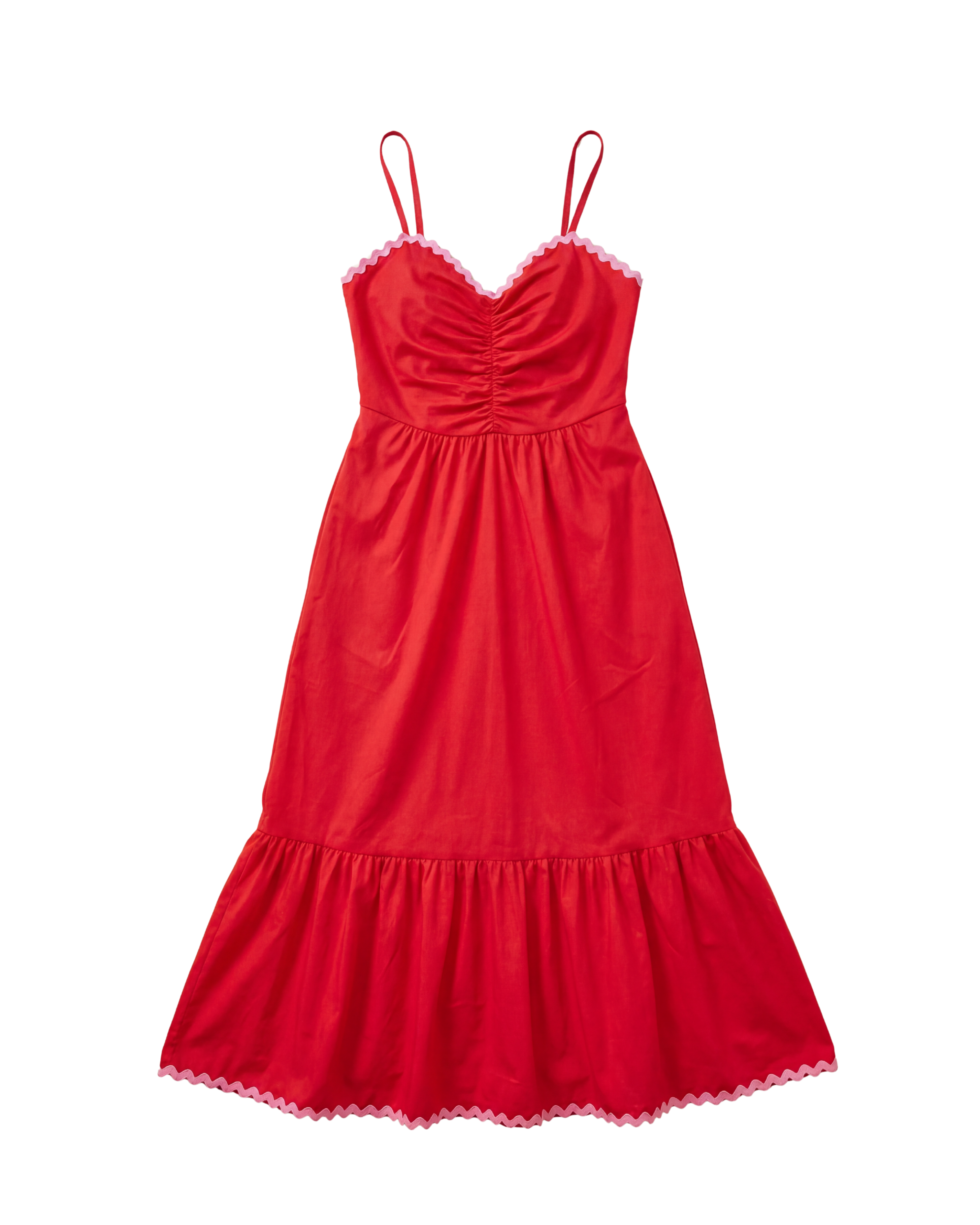Red dress with pink trim on a white background