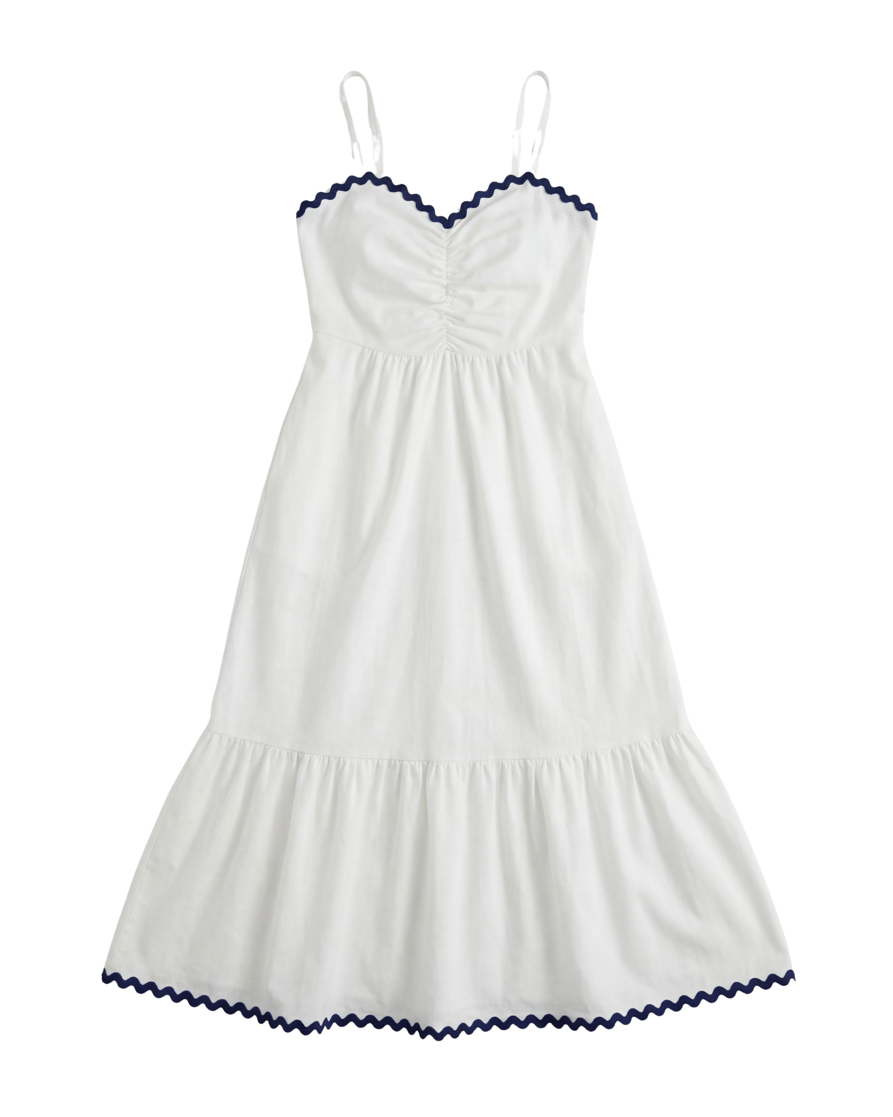 White dress with blue trim on a white background