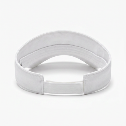 A white fabric visor with an adjustable hook-and-loop closure, photographed on a seamless white background.