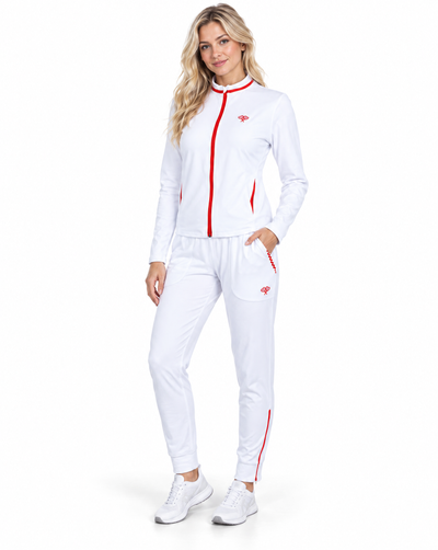 A woman modeling a white athletic tracksuit with red trim and a small red logo, consisting of a zip-up jacket and matching jogger pants, against a plain white background.