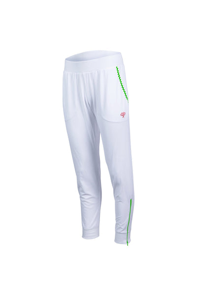 White athletic pants with a green stripe on a white background