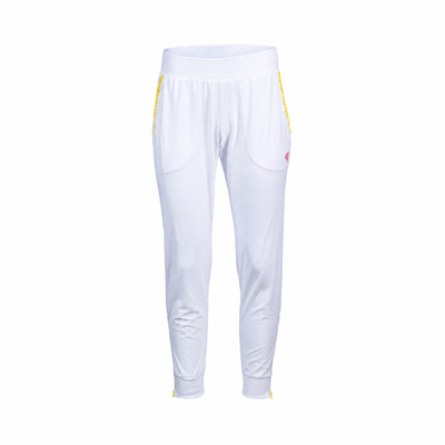 White athletic jogger pants with yellow braided side accents and a small red logo on the left thigh, shown against a plain white background.