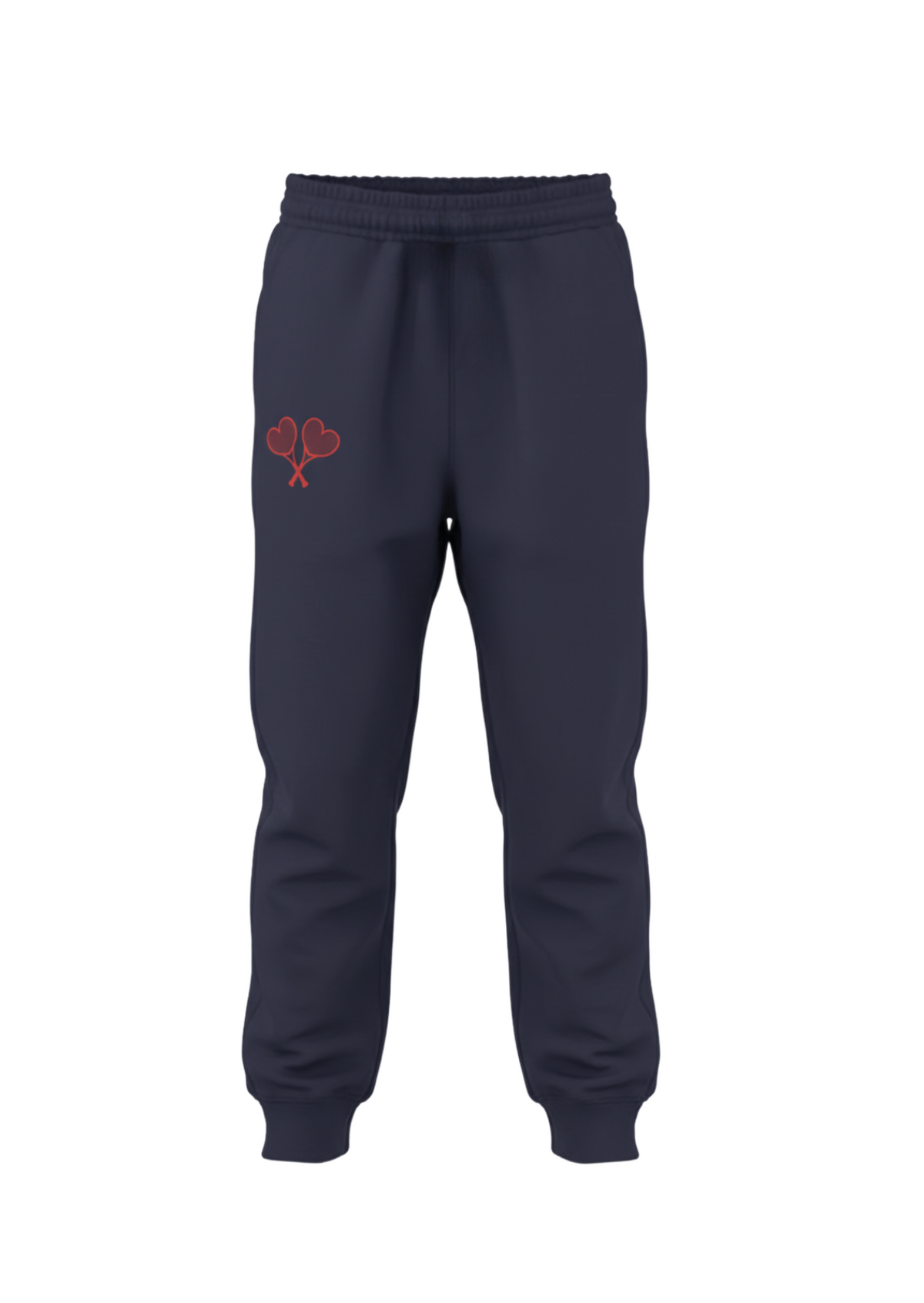 Navy blue sweatpants with a red logo on a white background