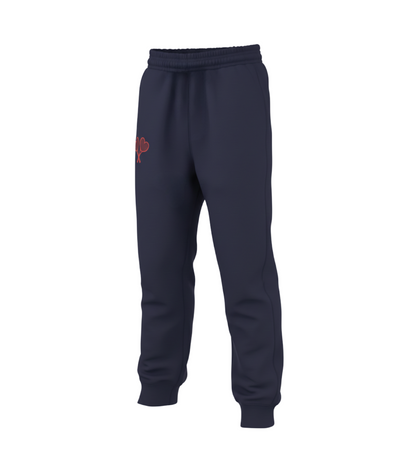 Navy blue sweatpants with a red logo on a white background