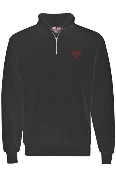 Black quarter zip pullover with a small red logo on the chest and a cadet collar.