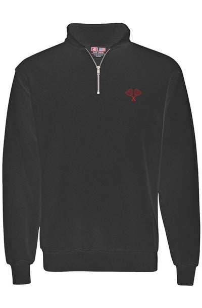 A black long-sleeve quarter-zip sweatshirt with a small red embroidered logo on the left chest, displayed on a clean white background.