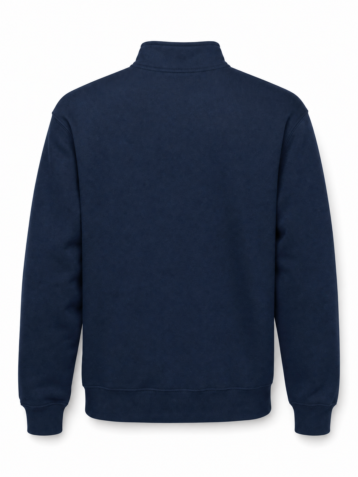 A navy blue long-sleeve sweatshirt shown from the back, featuring a mock neck collar and ribbed cuffs and hem, on a plain white background.