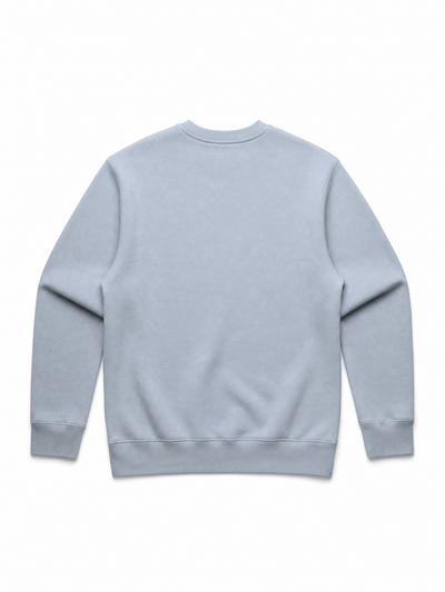 A light blue crewneck sweatshirt shown from the back, laid flat against a solid white background.