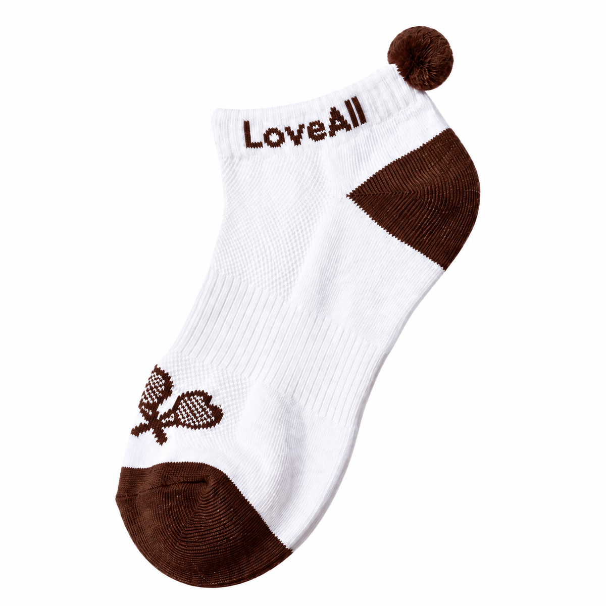 White and brown pom pom socks with "love all" in brown script shown on flat white background