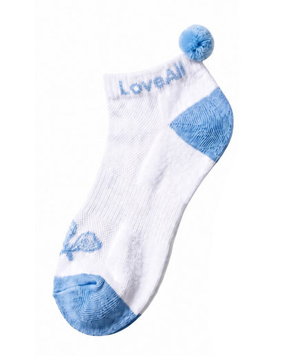 White sock with blue accents and a pom-pom on a white background
