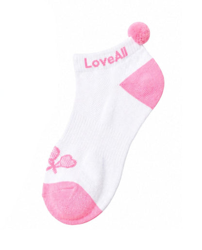White sock with pink accents and 'LoveAll' branding on a white background