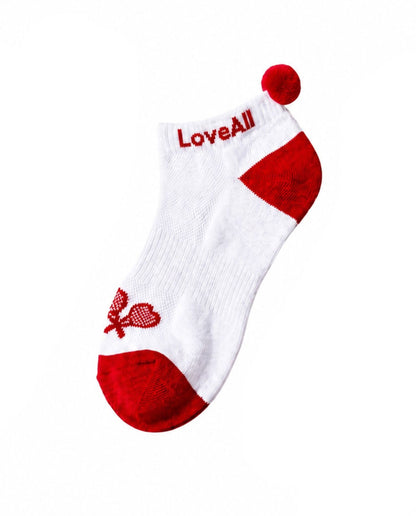 White sock with red accents and 'LoveAll' branding on a white background