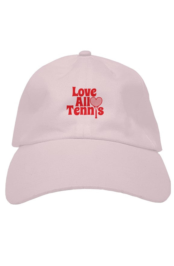 Pink cap with 'Love All Tennis' text on a white background