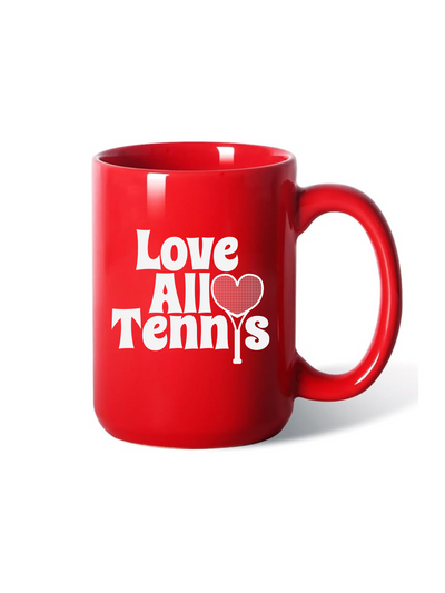 Red mug with 'Love All Tennis' text on a white background
