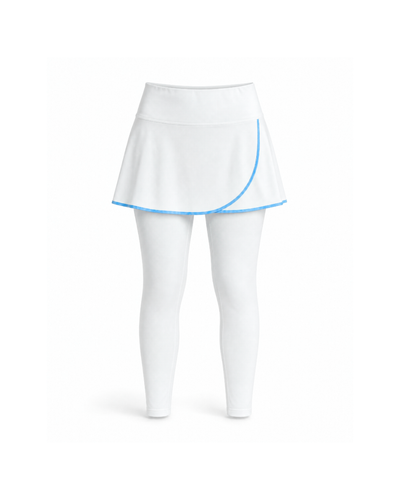 White athletic skirt and matching leggings set with light blue curved trim details, shown on a white background.