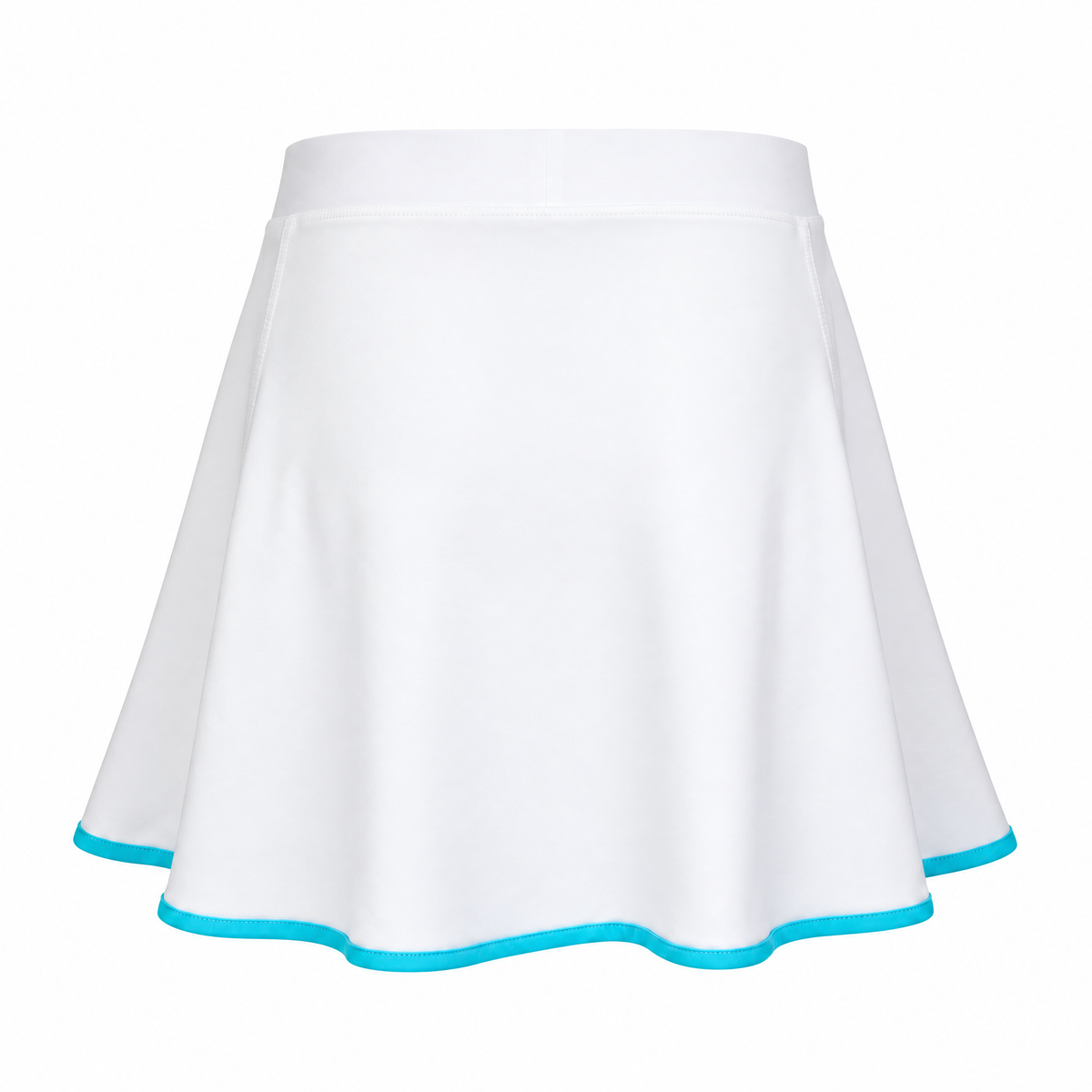A white flared athletic skirt with a bright turquoise blue trim along the hem, shown against a plain white background.