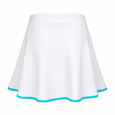 A white flared athletic skirt with a bright turquoise blue trim along the hem, shown against a plain white background.