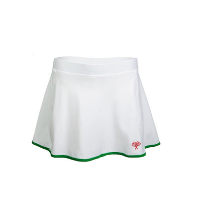 White tennis skirt with green trim on a white background