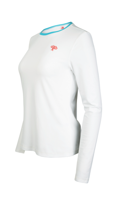 White long-sleeve shirt with a small logo on a white background
