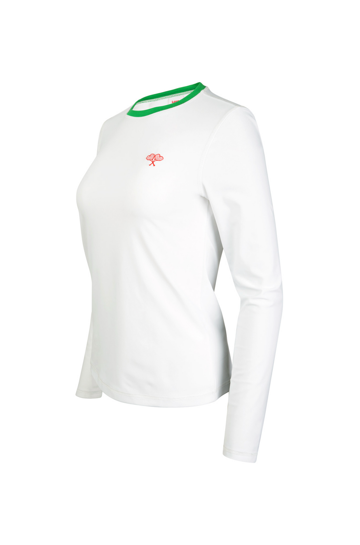 White long-sleeve shirt with green trim on a white background