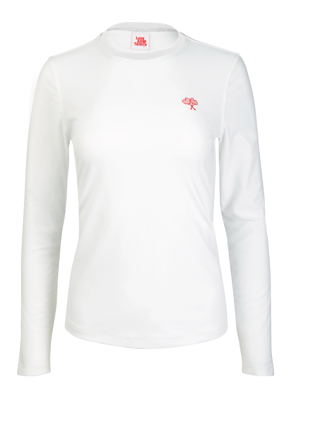 White long-sleeve shirt with a red logo on a white background