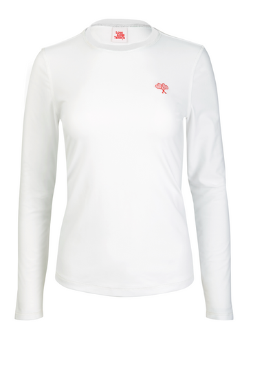 White long-sleeve shirt with a red logo on a white background