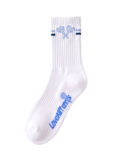 A single white crew sock with blue accents, featuring a crossed tennis racket with hearts design near the ribbed cuff and the brand name 'Love & Tennis' printed in blue on the foot.