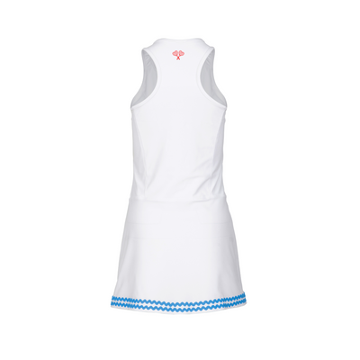 White dress with blue trim on a white background