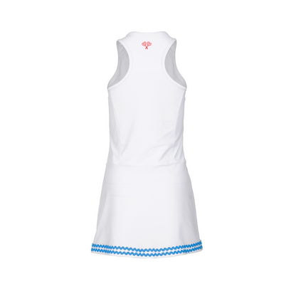 White dress with blue trim on a white background