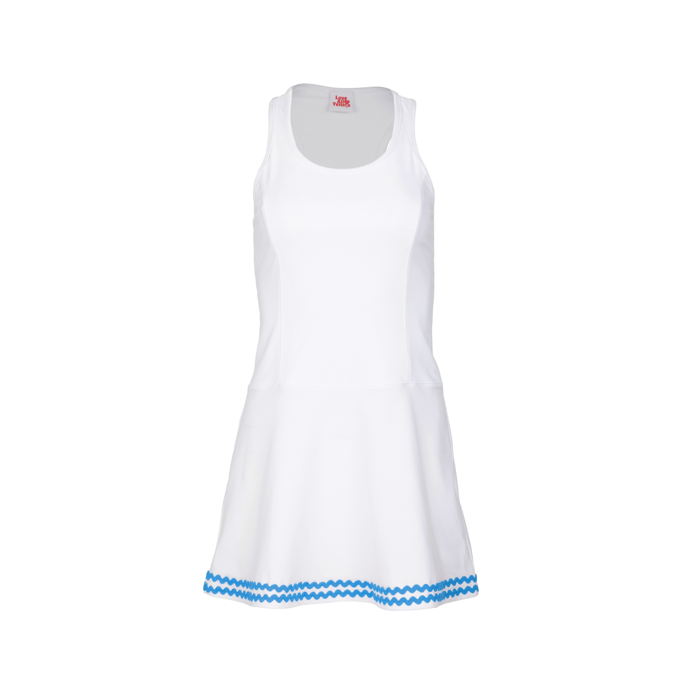 White dress with blue trim on a white background