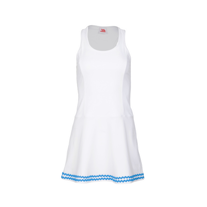 White dress with blue trim on a white background